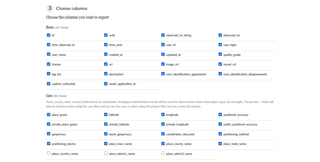 iNaturalist's Choose columns section with every Basic column and most Geo columns ticked