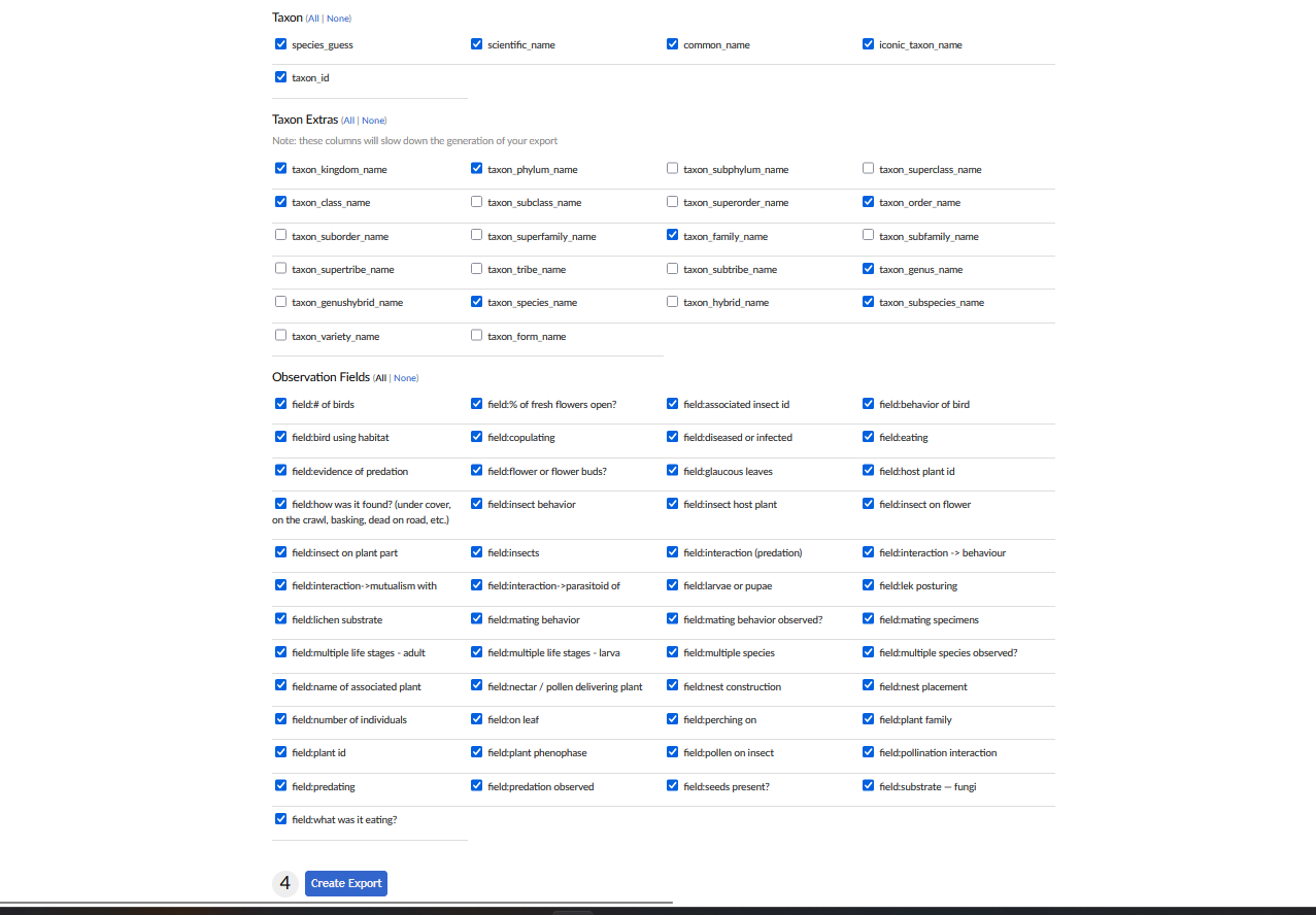Taxon columns all ticked, Taxon Extras ticked for kingdom through species, and all Observation Fields ticked, above the Create Export button